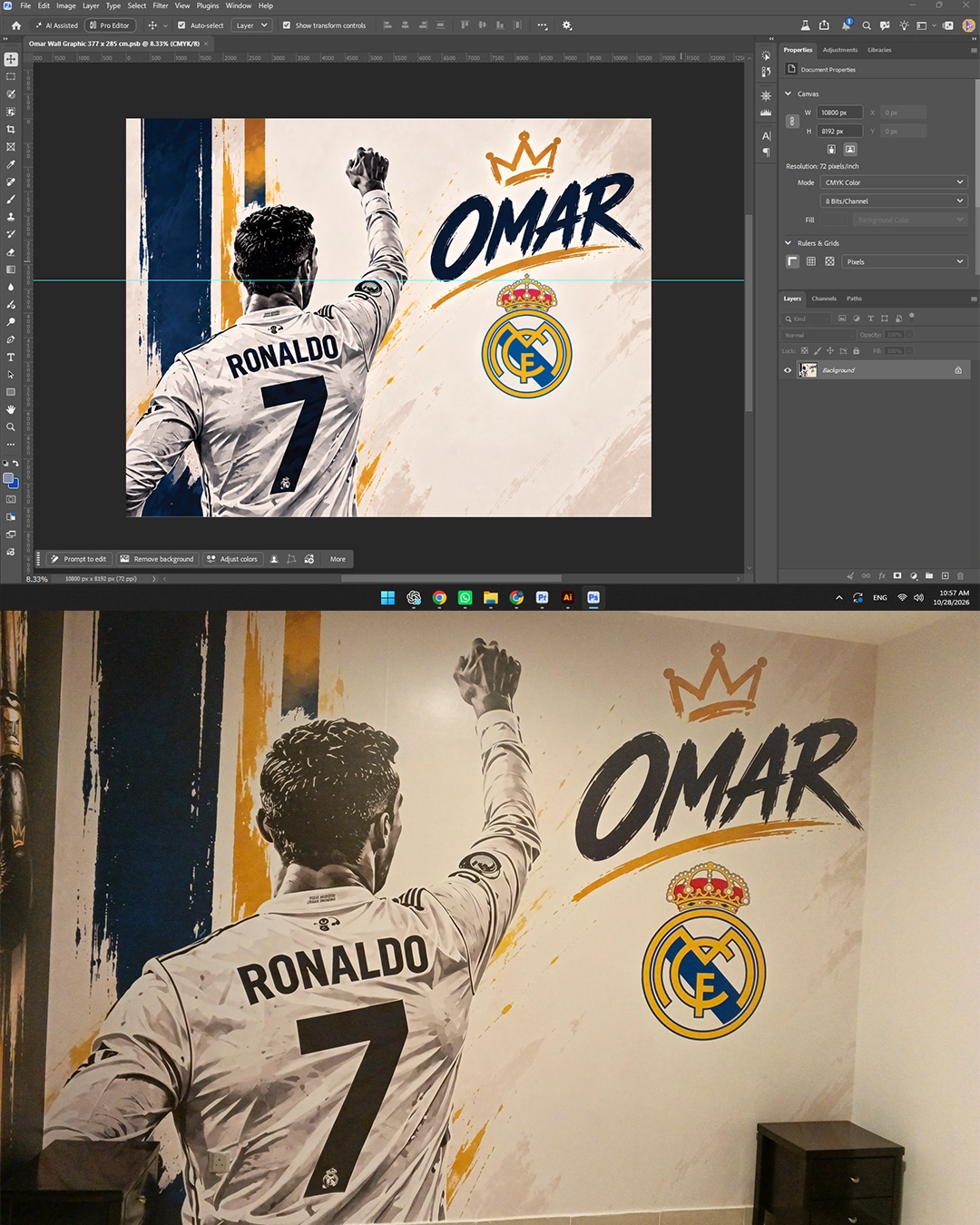 Before and after Cristiano Ronaldo wall graphics design and installation in Riyadh